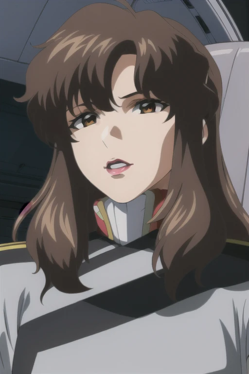 (((Best quality))),((Ultra-detailed)),((illustration)),((Disheveled hair)),((frilld)),(1 girl),(Solo), 1girl, anime coloring, bangs, cockpit, face, jacket, lips, lipstick, long hair, looking at viewer, makeup, military, military uniform, open mouth, parody, red lips, retro artstyle, science fiction, smile, solo, uniform, upper body, white jacket, brown eyes,brown hair,rating:safe,