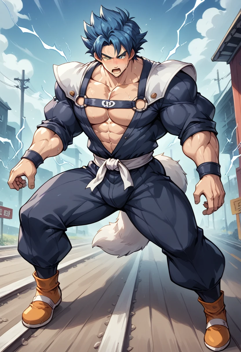 Huge muscles,Lots of drool and sweat,Harness,Huge erect penis,Full body image,Imminent sexual activity,Shake hard,Anal Sex,Ejaculating with force,p5yusuke,Fox Mask,Black clothes,White Tail,Yusuke Kitagawa,Japanese clothing,Blue Hair,A dark mine tunnel with railroad tracks,Goku,super saiyan 3,blode hair,orange dougi,green eyes,no eyebrows,yellow aura,electricity