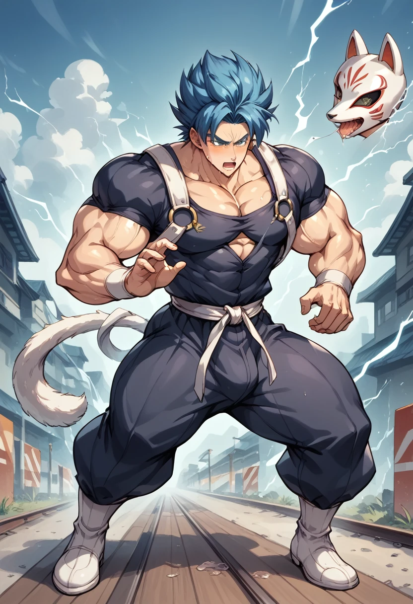 Huge muscles,Lots of drool and sweat,Harness,Huge erect penis,Full body image,Imminent sexual activity,Shake hard,Anal Sex,Ejaculating with force,p5yusuke,Fox Mask,Black clothes,White Tail,Yusuke Kitagawa,Japanese clothing,Blue Hair,A dark mine tunnel with railroad tracks,Goku,super saiyan 3,blode hair,orange dougi,green eyes,no eyebrows,yellow aura,electricity