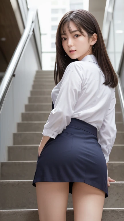 Escalator Skirt、Short coat、(Lower body close-up))、Rear View、((Panty shot))、((Detailed face))、((Symmetrical eyes))、((Detailed eyes))、Very low camera angle、((Leaning forward)).Panties under skirt.She turned to the cameraman..The pants are tucked into the skirt.Detailed faceのレンダリング.Serious expression.Her eyes are fixed on the camera. (Exposing thighs).( View Photographers, Open your lips a little).(reality).RAW Photos.Perfect Anatomy. Beauty.Japanese women(1). ((She is climbing the stairs))、.(JK uniform).((Wearing a super mini skirt))((Angle from below))