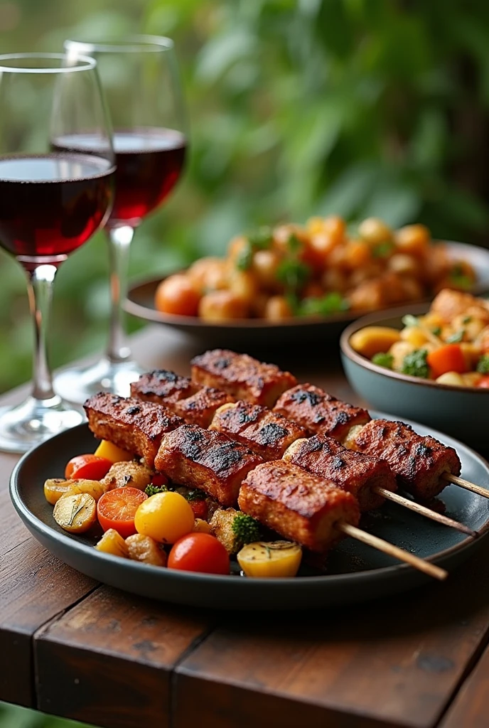 Shashlik in a large deep plate with four skewers on top, next to it is a dish with fried vegetables, glasses of wine. Background nature 