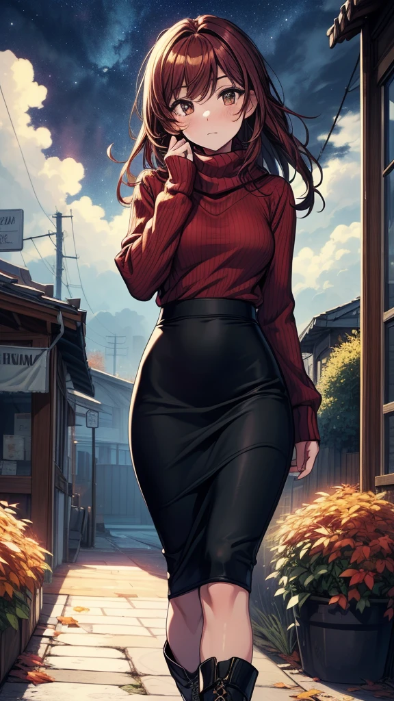 ((((masterpiece, best quality:1.8, high detail)))), (1girl), beautiful woman, bright brown eyes, shy, solo focus, long hair, ((dark red hair)), ((white sweater)), (scarf), ((black midi pencil ((skirt)))), ((long skirt)), boots, slim body, sidewalk, fall garden, (autumn leaves), (((atmospheric))), (((cloudy night sky))), (((clouds))), ((realistic)), ((realism)), ((ultra detailed)), 