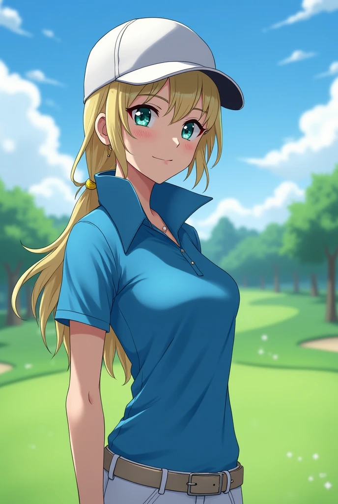 Fire Emblem Lucina wearing a Blue Polo with a Massive Popped Collar while playing Golf