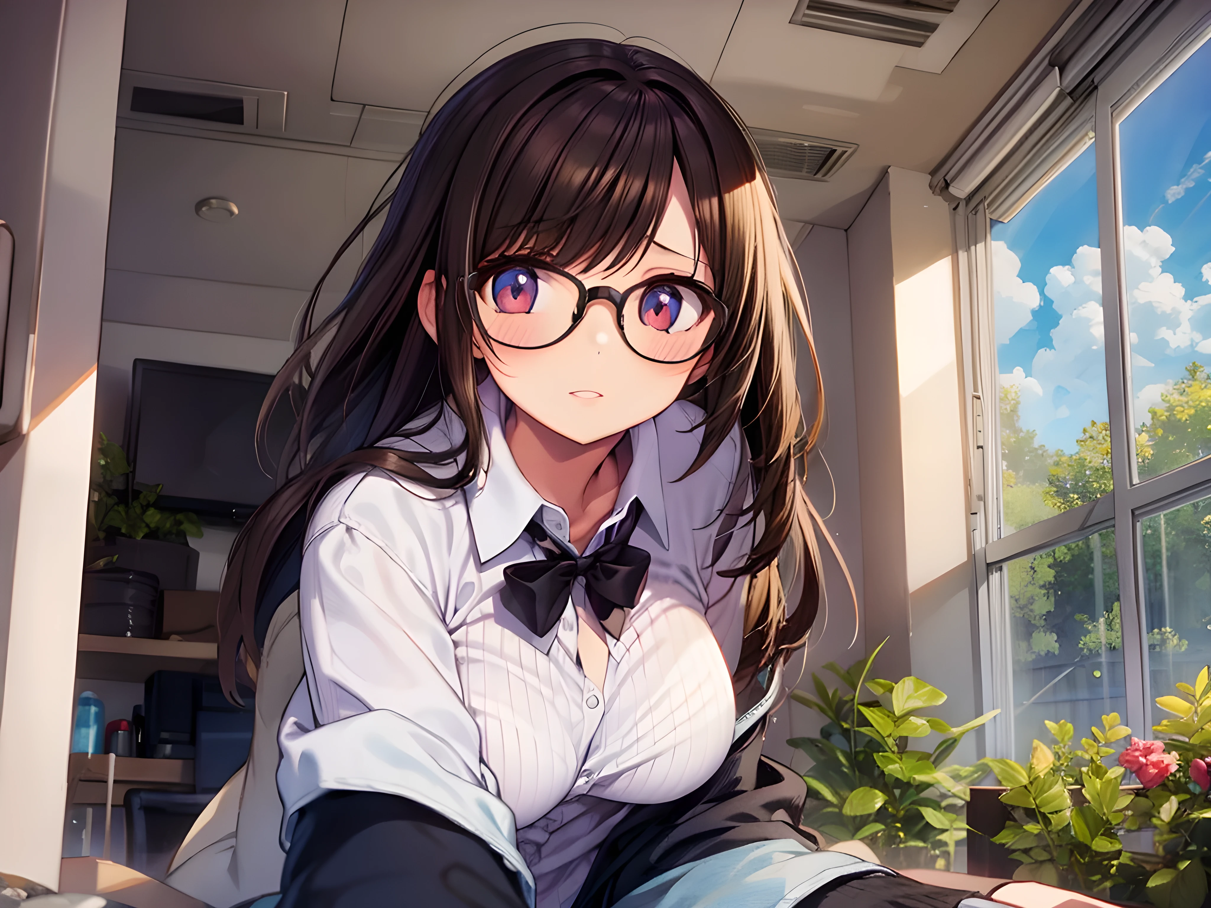 (8k, highest quality, masterpiece:1.2),High quality CG Unity 8k Large file size,Very detailed,High resolution,Beautiful Eyes,Ray Tracing,Dramatic Shadows,finely,Hyper Detail,(1 girl), anime, Perfect body,
Black Hair, Braid, Glasses,
white shirt,
smile,
large breast,
in classroom, desk, window,