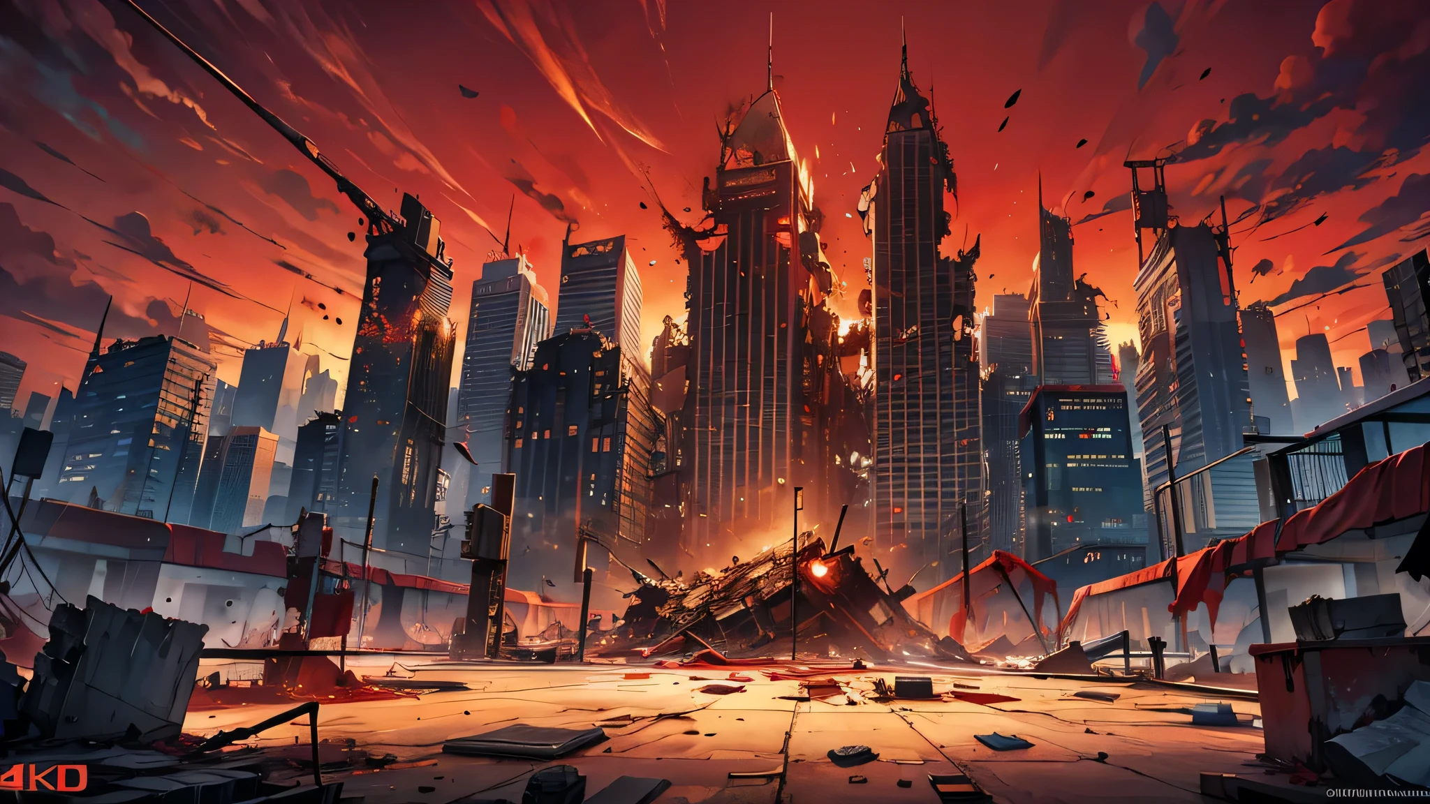 city on fire, destroyed, apocalyptic, purple flames