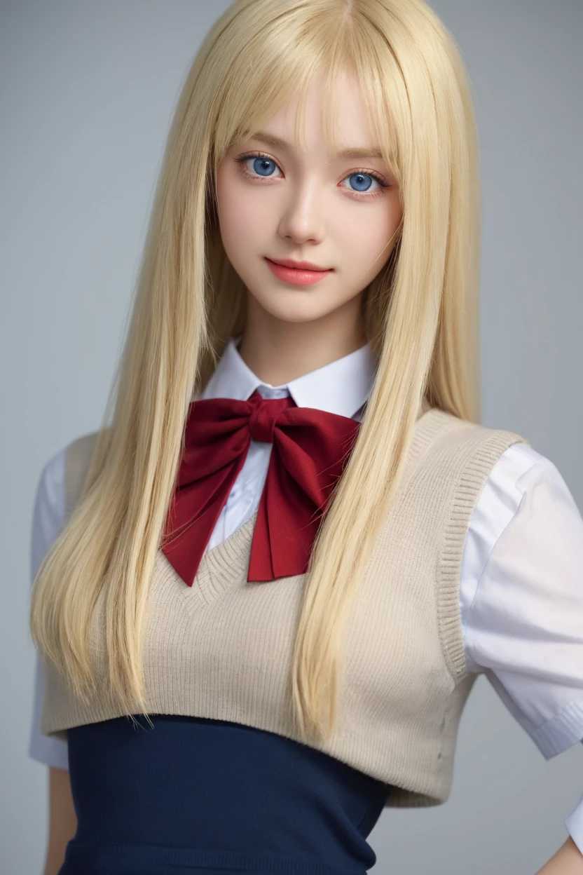 masterpiece, best quality, realistic, child girl with blonde hair and red bow, long hair, broad shoulders, small head, upper body, (white background: 1.3), closed mouth