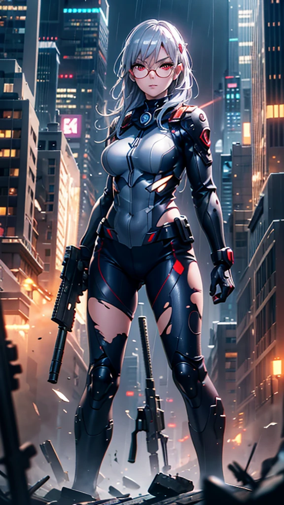 girl with silver hair,((large breasts:0.2)),red glasses,prone position,looking through sniper scope,aiming gun,tactical boots,futuristic gun,rainy environment,high quality,8k,ultra-detailed,hyperrealistic,masterpiece,cinematic lighting,dramatic lighting,dramatic pose,highly detailed facial features,extremely realistic,photorealistic,beautiful detailed eyes,beautiful detailed lips,extremely detailed eyes and face,long eyelashes,1 girl,concept art,Digital Art、Shiny futuristic gun、Vivid depiction of the human body、Sexy Sailor Battle Suit、((Torn clothing))