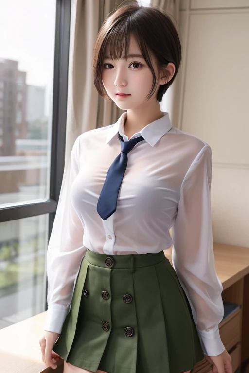 Slim, (Wide hips, Thick thighs), Scared, Slender, view the viewer, bound arms, arms back behind, (Dress shirt, tie, pencil skirts), in office building, (Masterpiece), (Best quality:1.2), absurderes, Intricate details, (Highly detailed skin:1.2),