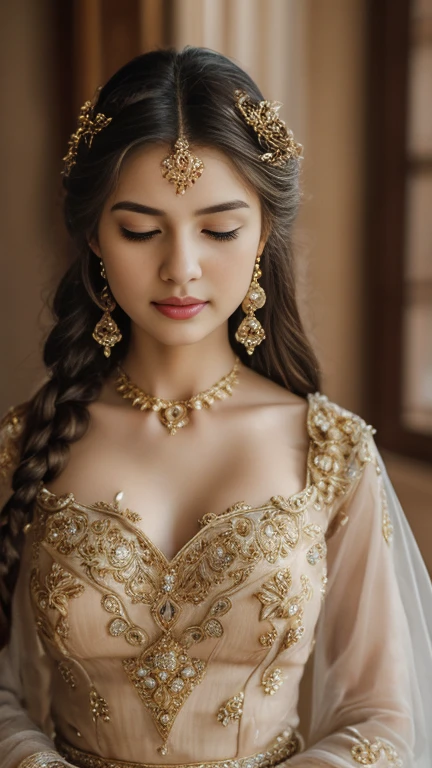 a girl with closed eyes, pursed lips, beautiful detailed eyes, beautiful detailed lips, extremely detailed face, long eyelashes, delicate facial features, serene expression, soft skin, golden hair, intricate hairstyle, ornate headpiece, intricate jewelry, flowing dress, dramatic lighting, dreamlike atmosphere, muted color palette, cinematic composition, masterpiece, photorealistic, 8k