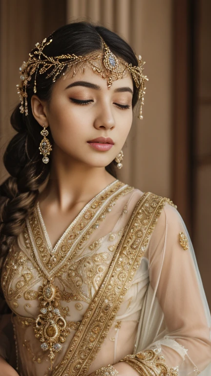 a girl with closed eyes, pursed lips, beautiful detailed eyes, beautiful detailed lips, extremely detailed face, long eyelashes, delicate facial features, serene expression, soft skin, golden hair, intricate hairstyle, ornate headpiece, intricate jewelry, flowing dress, dramatic lighting, dreamlike atmosphere, muted color palette, cinematic composition, masterpiece, photorealistic, 8k