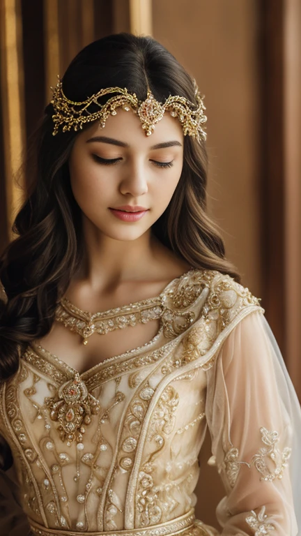 a girl with closed eyes, pursed lips, beautiful detailed eyes, beautiful detailed lips, extremely detailed face, long eyelashes, delicate facial features, serene expression, soft skin, golden hair, intricate hairstyle, ornate headpiece, intricate jewelry, flowing dress, dramatic lighting, dreamlike atmosphere, muted color palette, cinematic composition, masterpiece, photorealistic, 8k