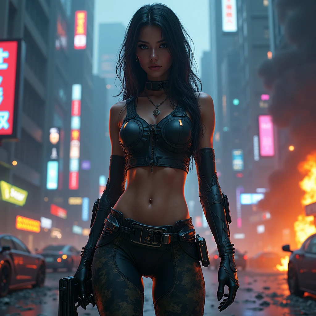 (masterpiece, photorealistic:1.4, extremely intricate:1.3), (photon mapping, radiosity, physically based rendering, ultra resolution, hyper-realistic, photorealistic:1.4, hyper-realistic, 8K), ((((humid teenage 20year, [bodybuilder:supermodel:0.8], (wide eyes, long lashes, battle-damaged translucent glossblack breastplate armor:0.8, etched, engraving)), [makeup:freckles:0.7])), blue eyes), angry, arrogant, BREAK, ((((background is a futuristic battlefield, she is a juggernaut, muscular), mechanical arms, mechanical hips, wires, wiring, (((glowing cybernetic chrome crystal reflections, aiming laser rifle), chrome cyborg headband), dynamic fighting action pose), long straight ([dark hair:glossblack hair:0.7], volumetric, shadows)))
