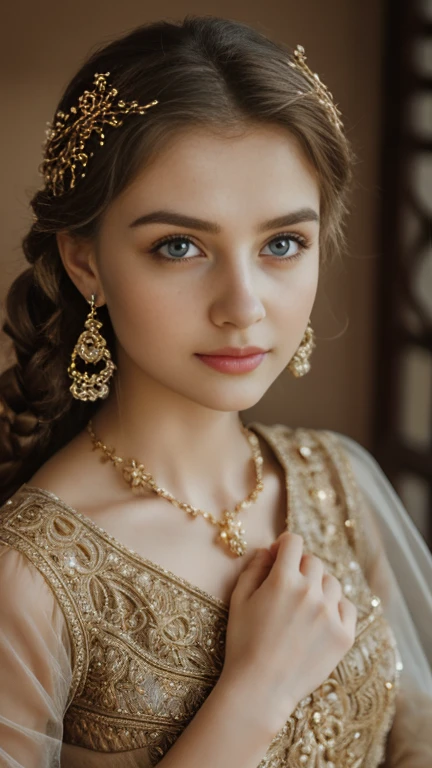 a girl open eyes, pursed lips, beautiful detailed eyes, beautiful detailed lips, extremely detailed face, long eyelashes, delicate facial features, serene expression, soft skin, golden hair, intricate hairstyle, ornate headpiece, intricate jewelry, flowing dress, dramatic lighting, dreamlike atmosphere, muted color palette, cinematic composition, masterpiece, photo-realistic, 8k