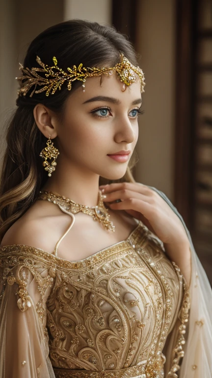 a girl open eyes, pursed lips, beautiful detailed eyes, beautiful detailed lips, extremely detailed face, long eyelashes, delicate facial features, serene expression, soft skin, golden hair, intricate hairstyle, ornate headpiece, intricate jewelry, flowing dress, dramatic lighting, dreamlike atmosphere, muted color palette, cinematic composition, masterpiece, photo-realistic, 8k