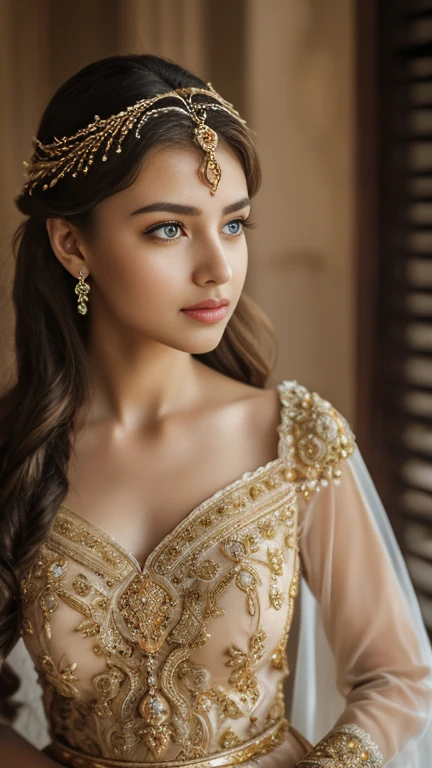 a girl open eyes, pursed lips, beautiful detailed eyes, beautiful detailed lips, extremely detailed face, long eyelashes, delicate facial features, serene expression, soft skin, golden hair, intricate hairstyle, ornate headpiece, intricate jewelry, flowing dress, dramatic lighting, dreamlike atmosphere, muted color palette, cinematic composition, masterpiece, photo-realistic, 8k