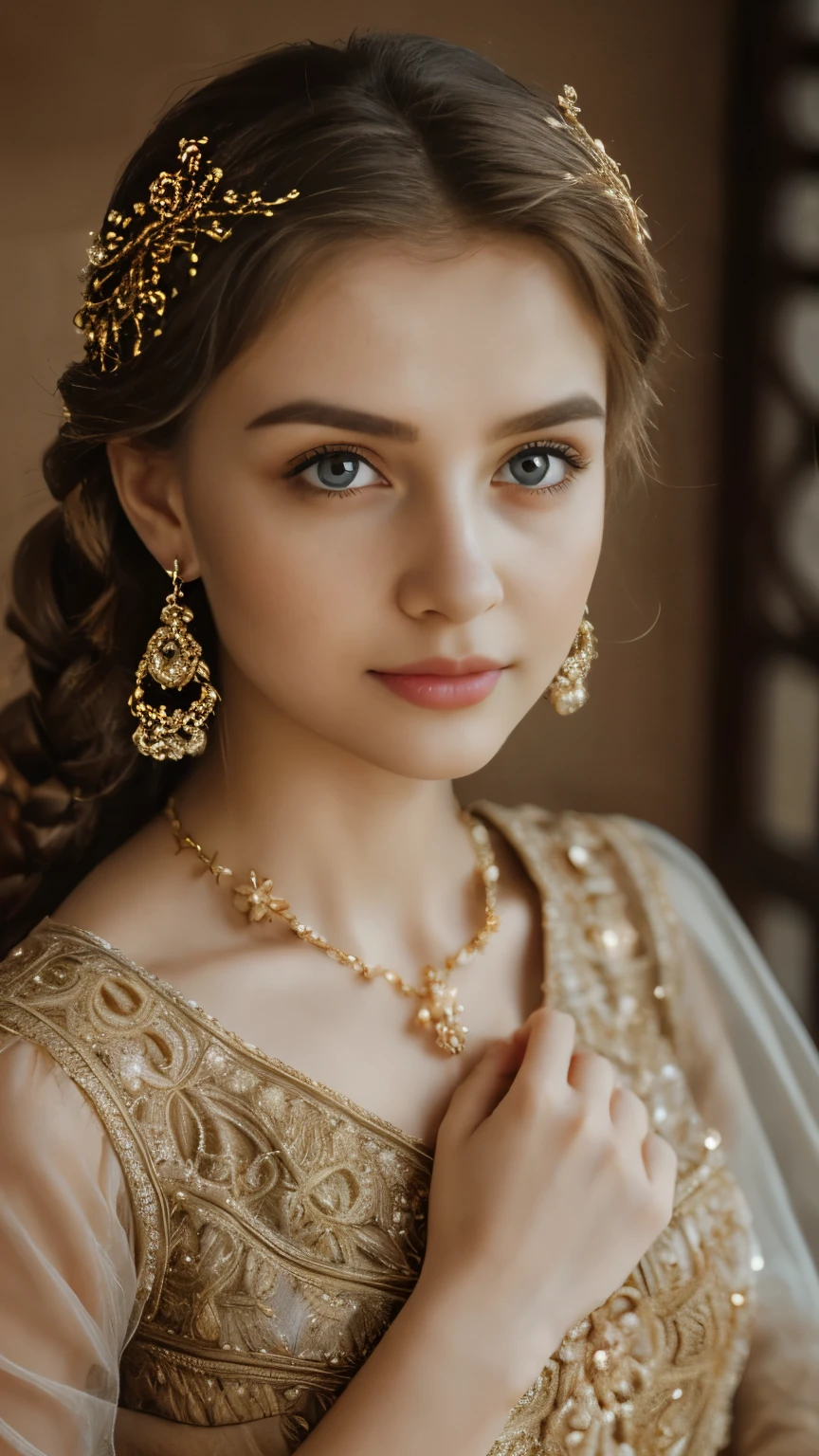 a girl open eyes, pursed lips, beautiful detailed eyes, beautiful detailed lips, extremely detailed face, long eyelashes, delicate facial features, serene expression, soft skin, golden hair, intricate hairstyle, ornate headpiece, intricate jewelry, flowing dress, dramatic lighting, dreamlike atmosphere, muted color palette, cinematic composition, masterpiece, photo-realistic, 8k