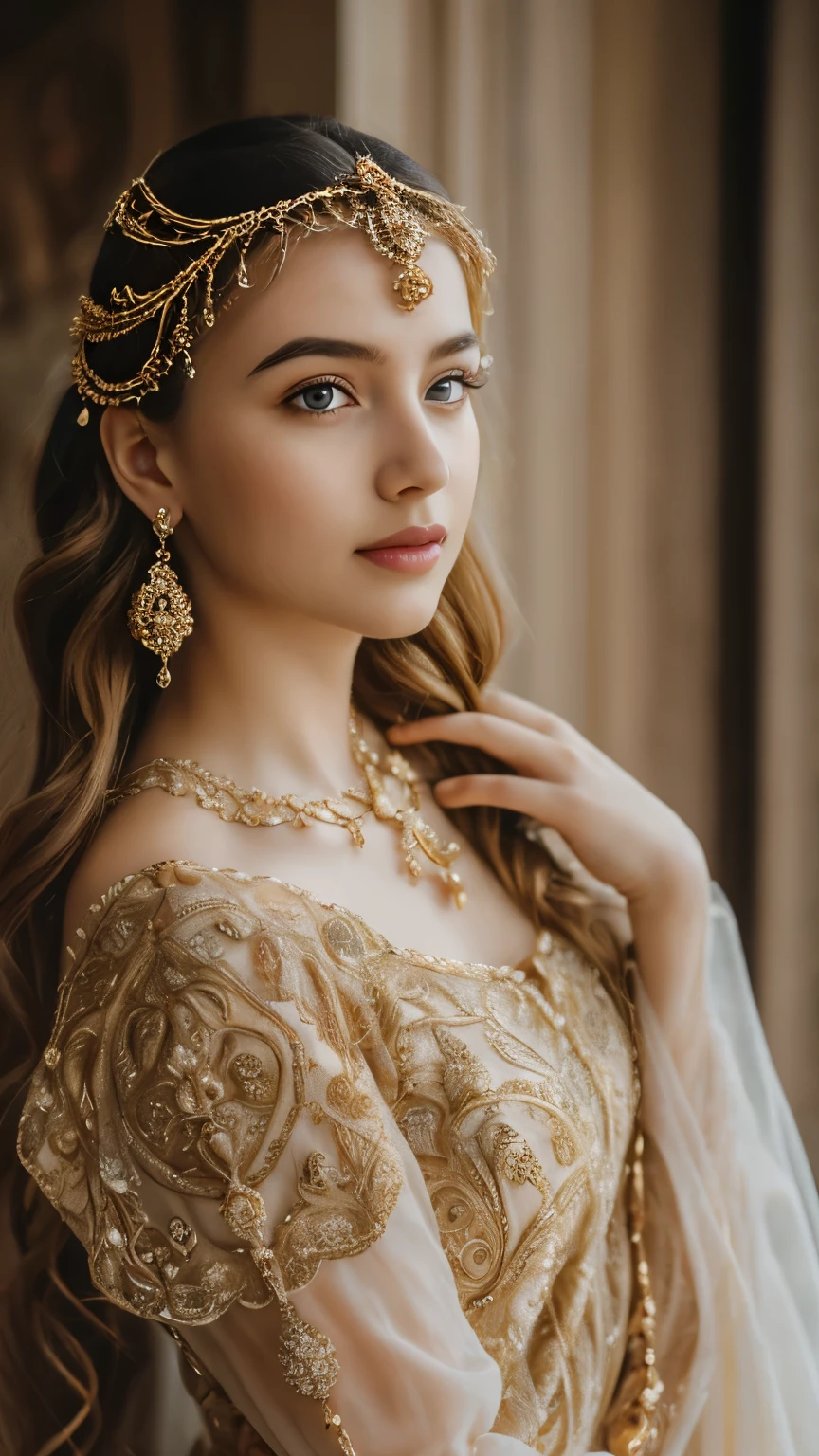 a girl open eyes, pursed lips, beautiful detailed eyes, beautiful detailed lips, extremely detailed face, long eyelashes, delicate facial features, serene expression, soft skin, golden hair, intricate hairstyle, ornate headpiece, intricate jewelry, flowing dress, dramatic lighting, dreamlike atmosphere, muted color palette, cinematic composition, masterpiece, photo-realistic, 8k