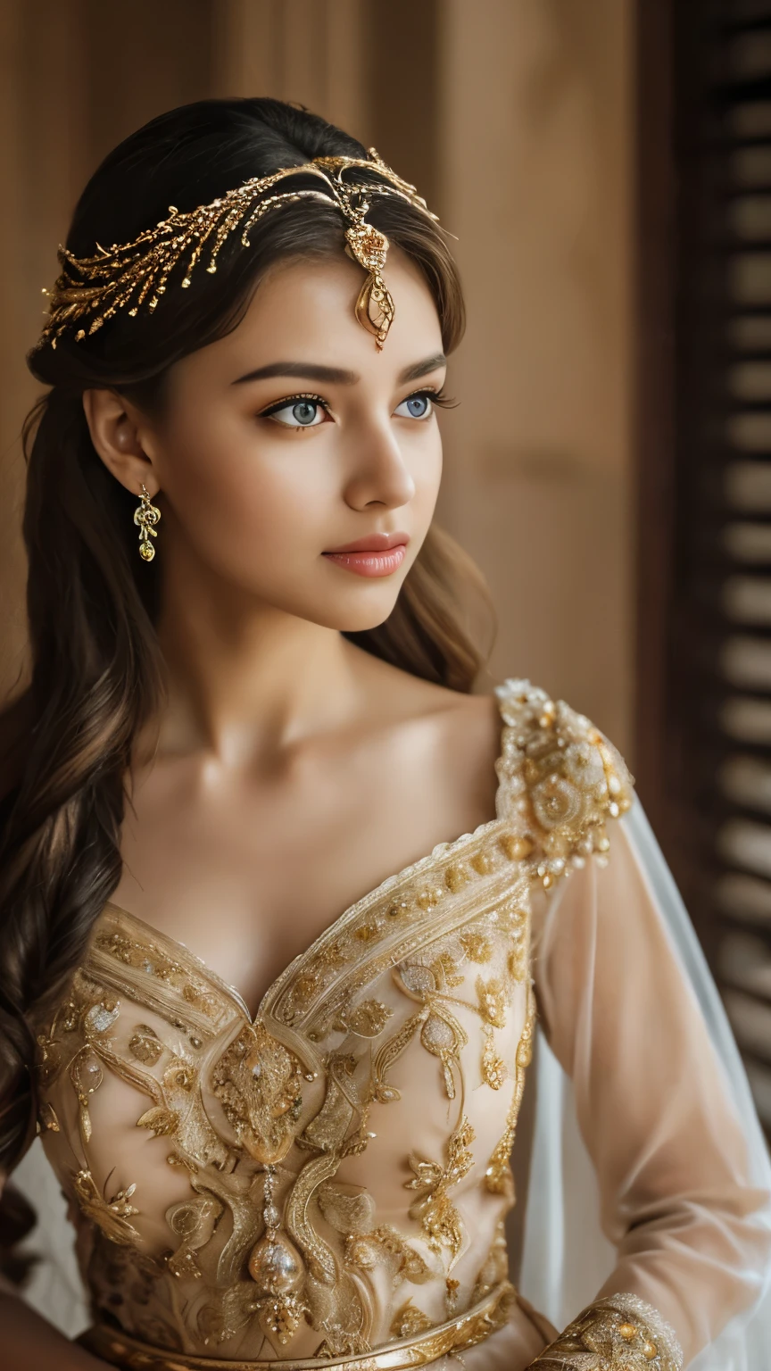 a girl open eyes, pursed lips, beautiful detailed eyes, beautiful detailed lips, extremely detailed face, long eyelashes, delicate facial features, serene expression, soft skin, golden hair, intricate hairstyle, ornate headpiece, intricate jewelry, flowing dress, dramatic lighting, dreamlike atmosphere, muted color palette, cinematic composition, masterpiece, photo-realistic, 8k