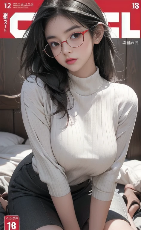 Beautiful illustration、top-quality、Cute glasses girl、shy, blush, Bedroom、A black-haired、short bob-cut hair、bangs, thin hair, (((dark-grey turtleneck sweater)))、(((luxury lace deep-purple sexy panty)))、Colossal tits、a navel、bare-legged、blue eyess、on the beds、lovely thighs、glowing thigh, hands between legs:1.3, sagging breasts:1.38, medium brests:1.3, hands between legs,