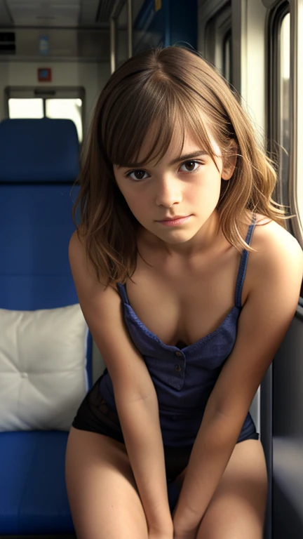 Shy and timid, Bold and sexy pose, Short brown wavy hair, Detailed face, Cute eyes, blush, Small breasts, Slim shoulders, Beautiful young girl in see-through clothing, (Best Quality,8k,High resolution,masterpiece:1.2),Very detailed,(Realistic,photoRealistic,photo-Realistic:1.37),High resolution,超High resolution,Studio Lighting,Ultra-fine painting,Sharp focus,Physically Based Rendering,Very detailed説明,professional,Vibrant colors,Bokeh,Portraiture,,Early teens,Sunburn,****:1.6,nsfw:1.8,rating_Explicit,pussy,masturbation, pussy juice,pubic hair,sitting, leaning forward,in the train