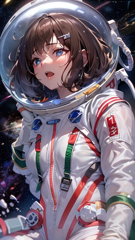 masterpiece,High resolution,Best Quality,8k (1 female,Brown bob perm hair,Slim body,) (Space Suit,White panties)、universe space、Mars、no gravity、Spread your legs、Floating in the air、White liquid on the chest、White liquid dripping from the crotch、Holding a used condom