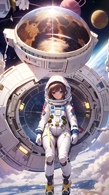 masterpiece,High resolution,Best Quality,8k (1 female,Brown bob perm hair,Slim body,) (Space Suit,White panties)、universe space、Mars、no gravity、Spread your legs、Floating in the air、White liquid on the chest、White liquid dripping from the crotch、Holding a used condom