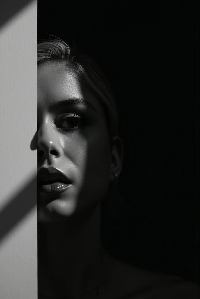 A stunning artistic photograph in which the play of light and shadow creates a mysterious and dramatic atmosphere. The face partially hidden in the shadow of the wall gives the image an intriguing look. Bright eyes and glossy lips stand out against the darkness, drawing attention . High contrast black and white photography, light and shadow lighting, modern digital age, monochromatic palette, conceptual art