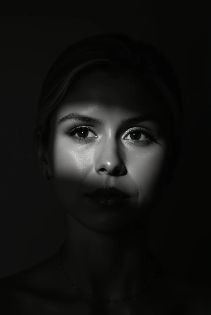 A stunning artistic photograph in which the play of light and shadow creates a mysterious and dramatic atmosphere. The face partially hidden in the shadow of the wall gives the image an intriguing look. Bright eyes and glossy lips stand out against the darkness, drawing attention . High contrast black and white photography, light and shadow lighting, modern digital age, monochromatic palette, conceptual art