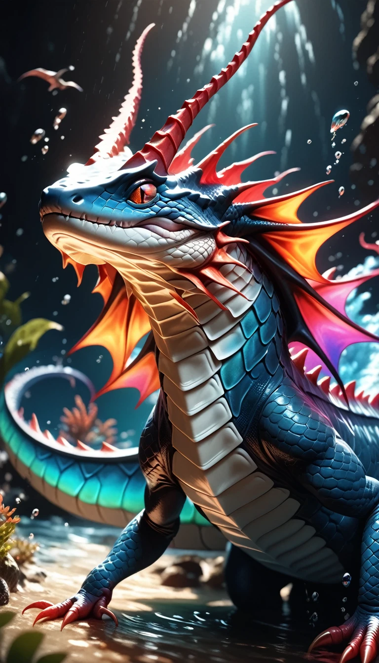 (fantasy electric dragon, blue scales, glowing eyes, giant pink squid, claws, water disturbance, serene ocean cliffs, detailed, cinematic, epic, 4k, 8k, hyper realistic, photorealistic, award winning illustration, intricate details, dynamic composition, dramatic lighting, vibrant colors, dramatic)