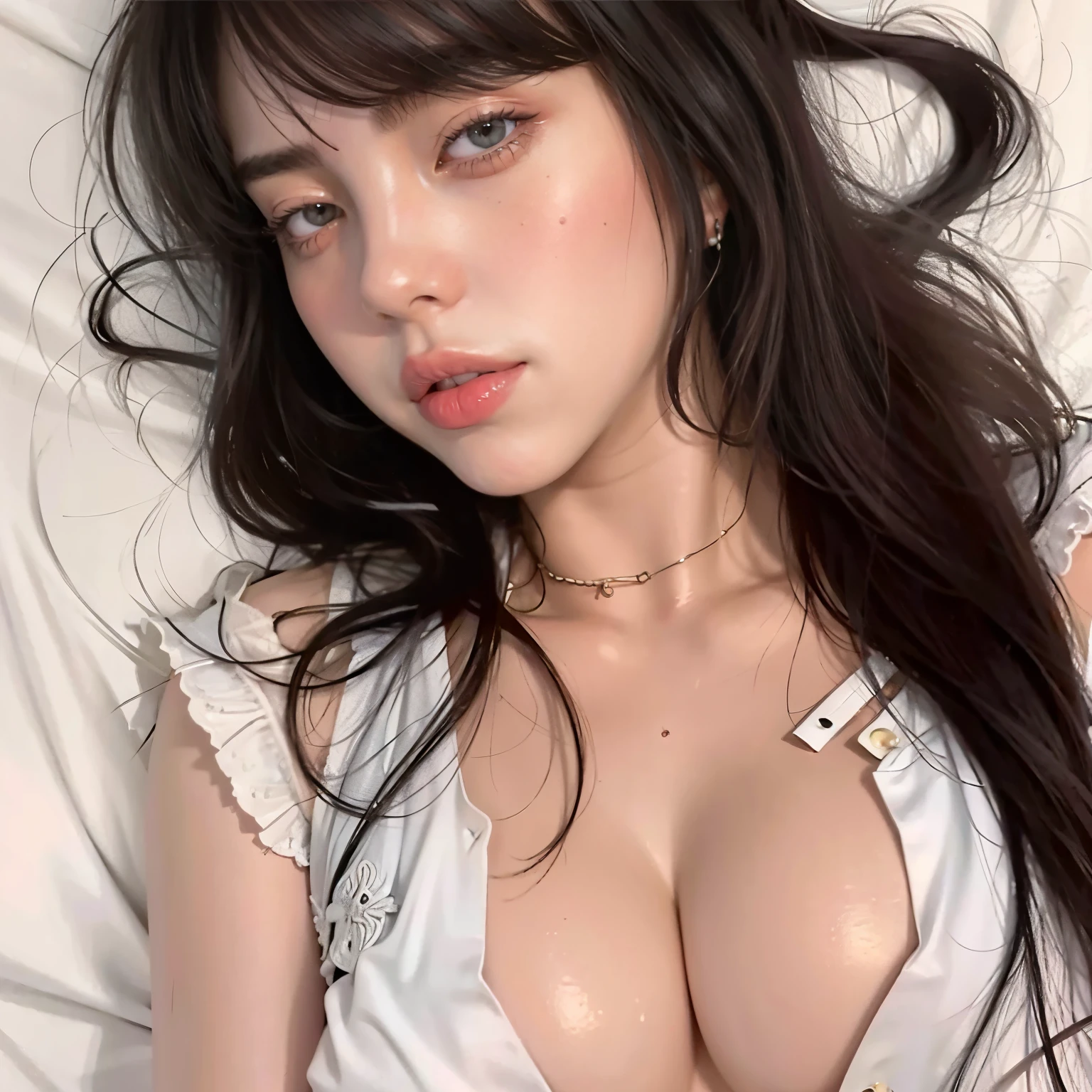 (masterpiece) very realistic, super HD quality, perfect face, expressive eyes, beautiful girl, perfect round breasts, big breasts, girl raped, helpless, crying, lying on bed, sperm on breasts, semen splattered on girl's body, lying limp from being raped, naked