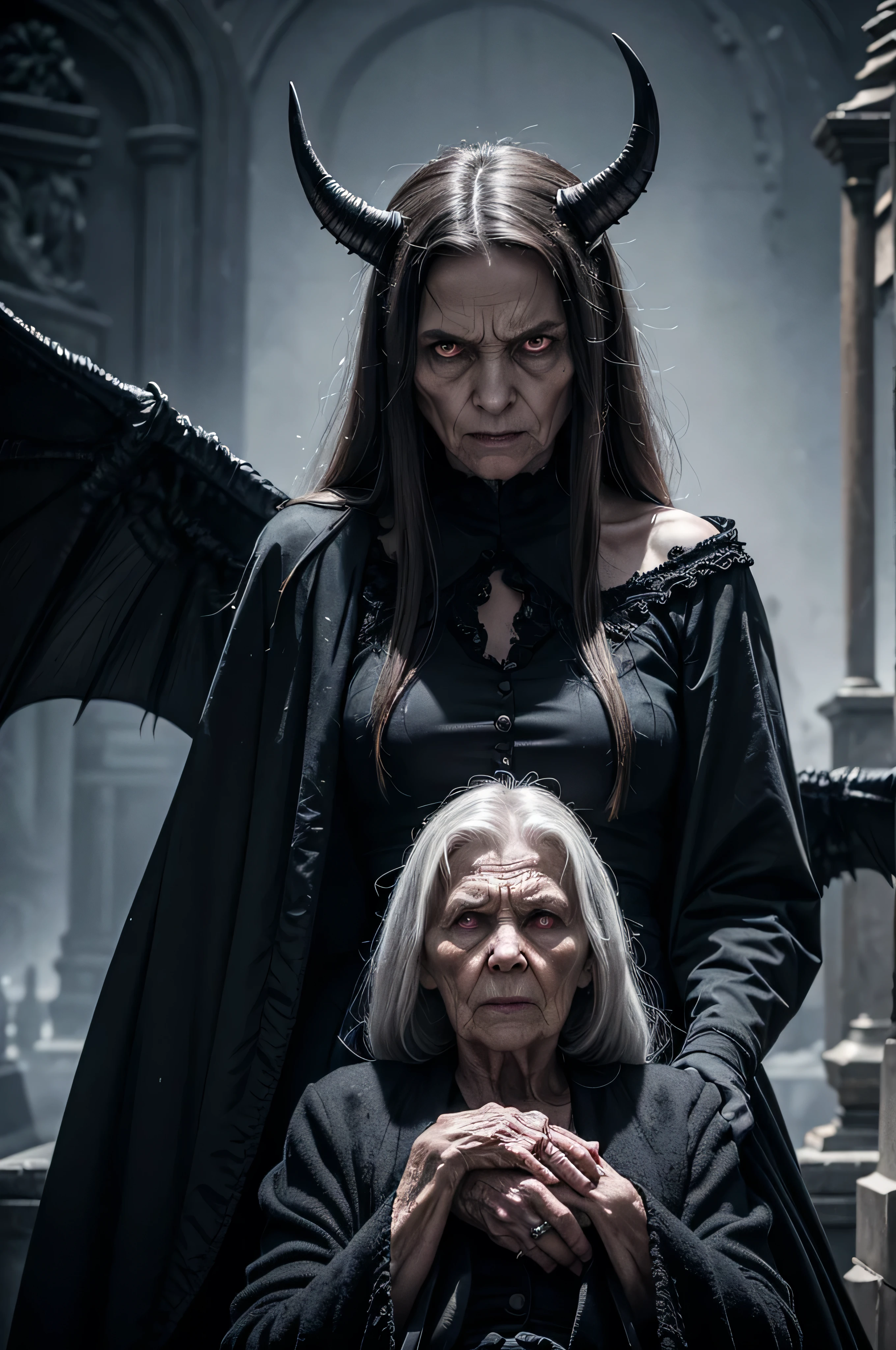 Generate a hyper-realistic image of a terrifying demonic figure standing behind an elderly woman seated. The demon has dark, leathery skin, long pointed ears, and enormous wings folded behind its back. Its face is a grotesque mix of human and skeletal features, with sharp fangs, glowing red eyes, and deep ridges on its forehead. The demon's hands rest on the elderly woman's head, as if controlling or possessing her. The woman appears pale and fragile, with long gray hair, wearing a tattered, old-fashioned dress. She is slumped on a tombstone in the cemetery, with her hands clasped in front of her as if in despair. The atmosphere is dark and eerie, with muted tones enhancing the sense of fear and possession. In the background, a sepulcher can be seen.