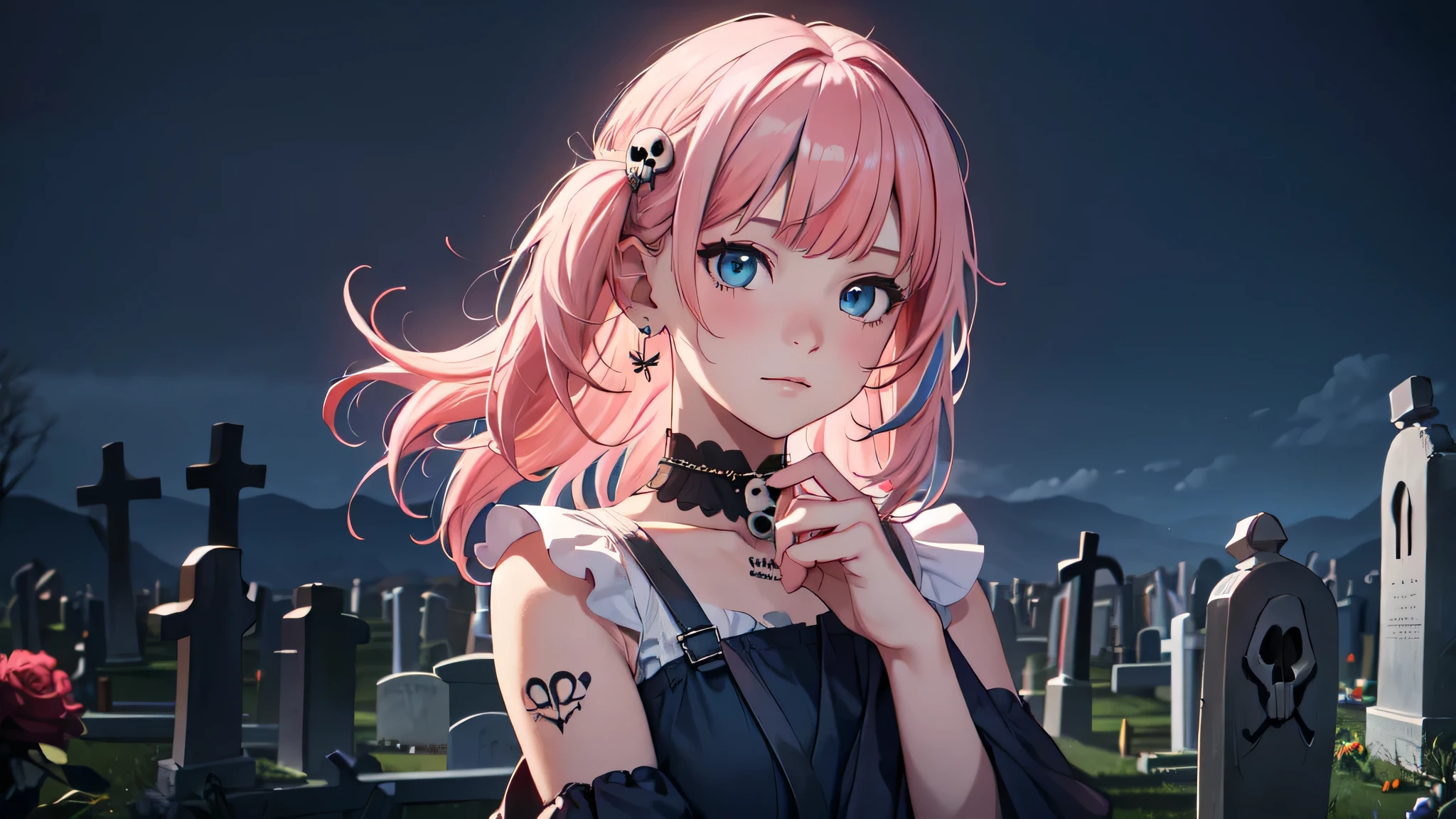 Beautiful woman, hair ornaments、piercings、tattoo、good_punk, 1girl in, Alone,、highest qualityr, photorealistic, Some ultra-fine illustrations, Beautiful attractive anime girl,(Mini dress:1.4), Miku Hatsune, Skinny body, tied hair,(pink hair:1.4),a girl, A picture of a girl, Full body shot, beautiful blue eyes:1.4, Converted,arete、hair ornaments、jewely、detailed hands, Miku Hatsune、(fondo Skull Night Cemetery:1.4), unreal engine:1.4,UHD,The best quality:1.4, photorealistic:1.4, skin texture:1.4, masterpiece:1.8,(detailed:1.4),