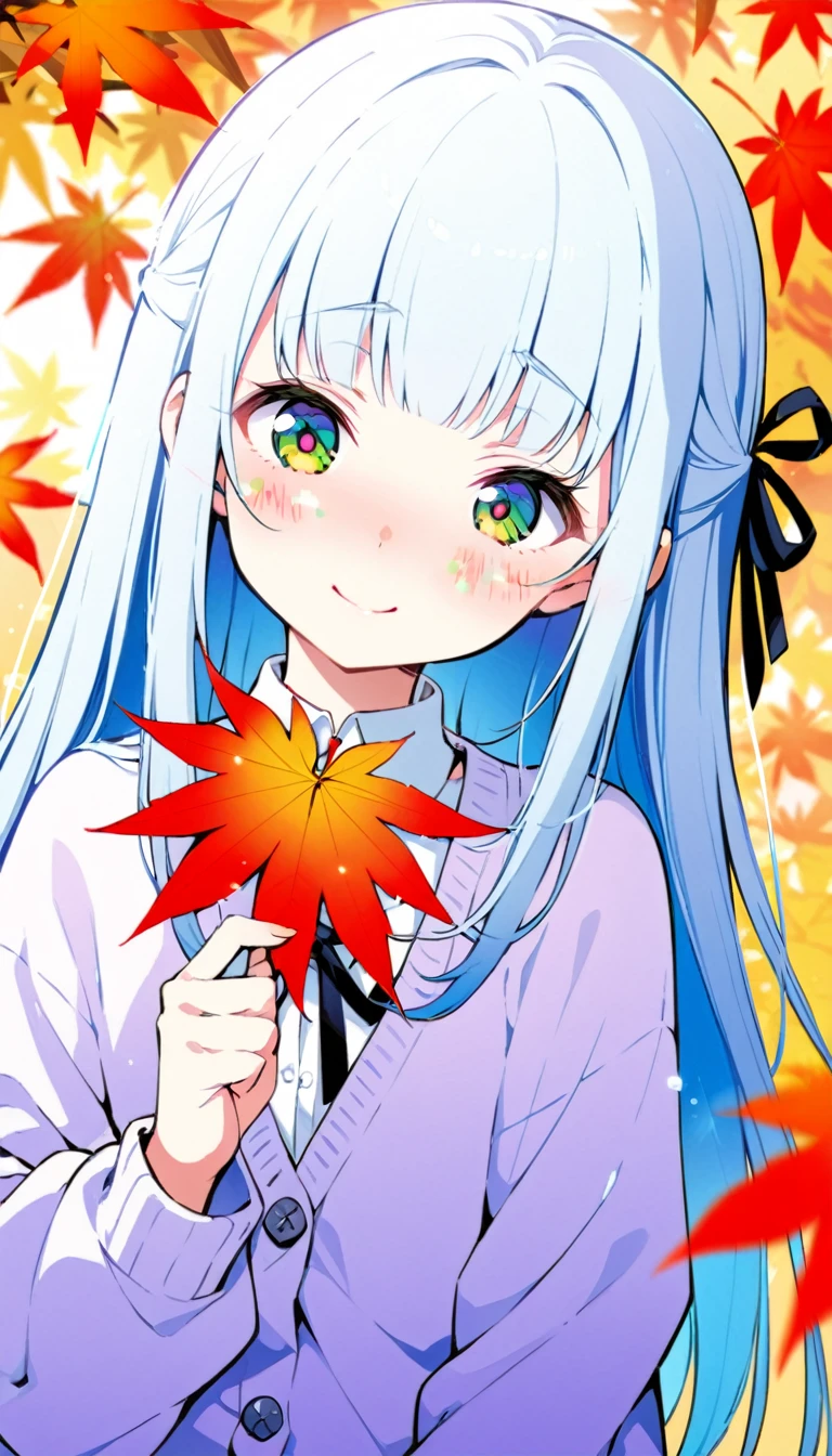 masterpiece, best quality, extremely detailed, (illustration, official art:1.1), 1 girl , ((Inner color:purple )),, ,(((( light blue long hair)))),light blue hair,,black ribbon ,hair ribbon,, long hair ((blush)) , cute face, big eyes, masterpiece, best quality,(((((a very delicate and beautiful girl))))),Amazing,beautiful detailed eyes,blunt bangs((((little delicate girl)))),(((tareme))),droopy eyes.(true beautiful:1.2), sense of depth,dynamic angle,,blurry, cardigan,,, affectionate smile, (true beautiful:1.2),,(tiny 1girl model:1.2),)(flat chest),amazing, beautiful detailed eyes, blunt bangs (((little delicate girl)))), tareme (true beautiful: 1.2),, best quality,, absurdres, 1girl, solo,  ,, maple leaf,autumn leaves,holding,smile,leaf,holding leaf:o ,shy , (half open eyes),  head tilt, embarrassed, blush,enbarrased,、((petite,,,short stature,Petite,))),