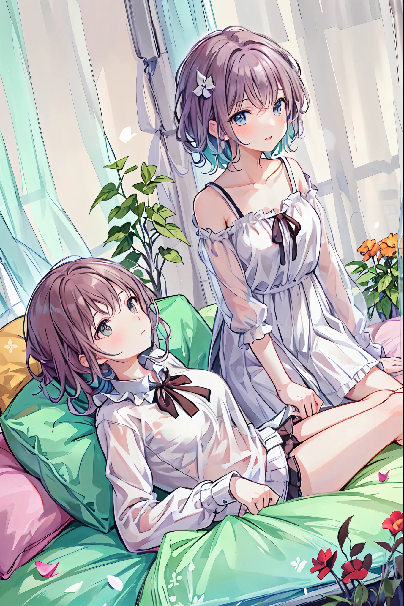 Absurd,(masterpiece、Highest quality、8K ),Intricate details,Very detailed、1 cute girl、((movie:1.4)),Embarrassing、(Flat Chest、bulge:2.2(Brown Hair、(White camisole,White shorts、White knee-high socks:1.3),On the bed、Ultra-realistic,Perfect Anatomy,
