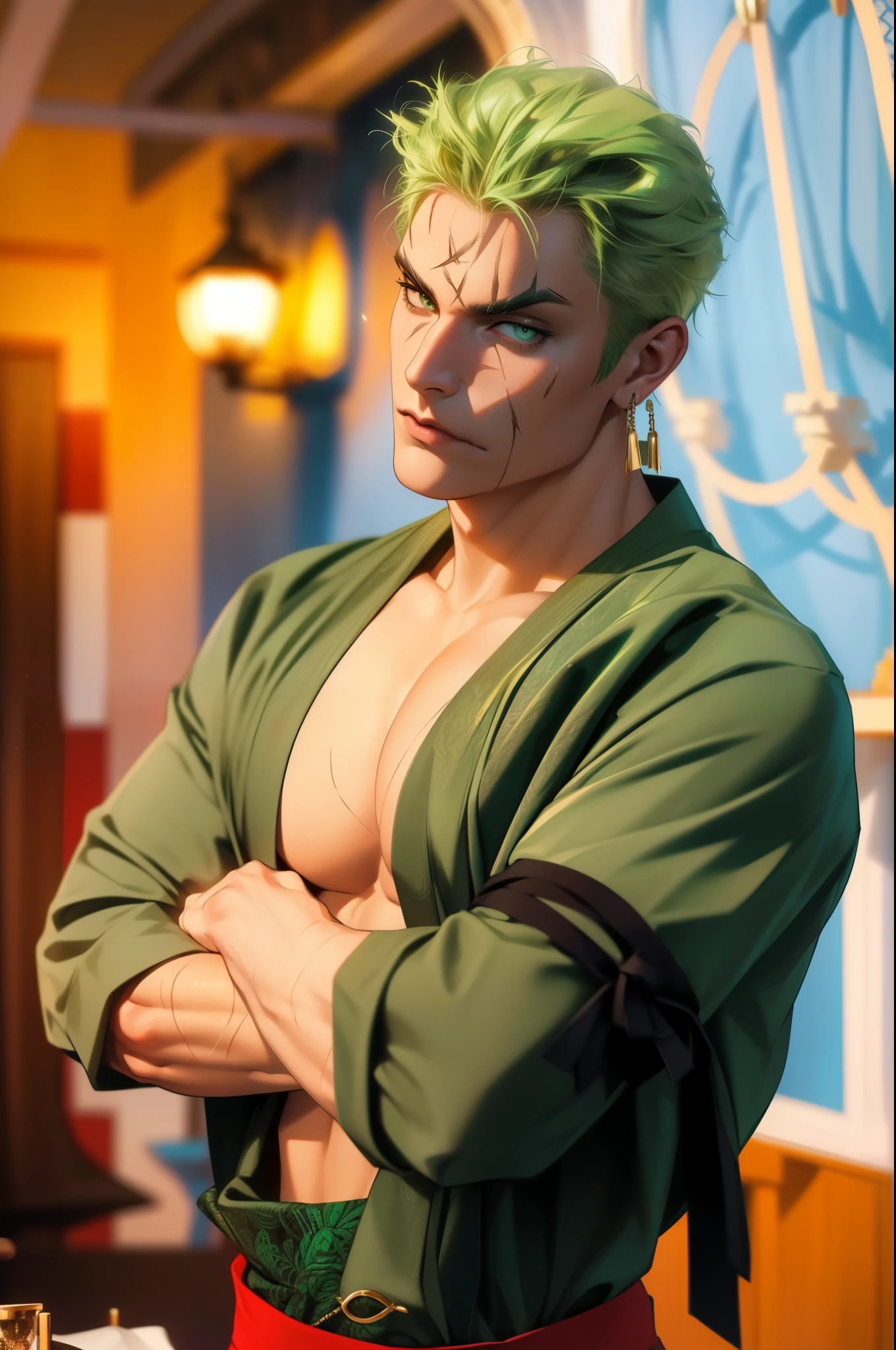 (obra-prima, melhor qualidade: 1.2), Tiroteio de Cowboy, sozinho, Foco masculino, 1st grade, Roronoa Zoro, cicatriz, homem musculoso, sorrir, olhando para o espectador, (empunhadura dupla: 1.2) Katanas, folded arms, roupas japonesas, quimono verde (((master part+best quality+high resolution+ultra-detalhado))), Zoro\(one piece\), nariz alto, olhos afiados, olhos perfeitos, noble and inviolable temperament, (([masculino]: 1.2 + [majo]: 1.2 + cabelo verde: 1.2)), fundo de navio pirata, (one piece), Roronoa Zoro, cabelo verde cortado, Tiroteio de Cowboy, cicatriz no olho, musculoso masculino, (empunhadura dupla:1.2), Katanas, folded arms, roupas japonesas, quimono verde, Dynamic angle and posture.
Nome: Roronoa Zoro Idade: 21 anos Altura: 1,Peso 81m: 78kg Origem: azul leste, Physical description: Zoro is a skilled swordsman with a distinctive appearance. He has messy green hair and three scars on his left eye, resultado de seu treinamento rigoroso. His athleticism and defined muscles reflect his strength and physical prowess. He is usually seen wearing an open shirt and green pants, in addition to carrying his three swords on his back. Personalidade: Zoro is known for his serious and determined nature. He is highly loyal to his friends and is willing to risk his life to protect them. Sua busca incessante para se tornar o espadachim mais forte do mundo muitas vezes o leva a treinos intensos e a desafiar poderosos oponentes. Despite its intimidating appearance, Zoro has a dry sense of humor and often engages in funny moments with his teammates.
