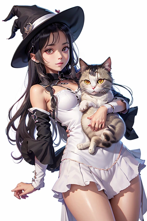 Anime  in witch hat holding a white cat, Black-haired wizard, Seductive anime witch casts a spell, Cat ears anime girl, Witch Girl, Classic witch, guweiz on pixiv artstation, portrait of a young Witch Girl, Very beautiful anime cat girl, Beautiful anime cat girl, Cute anime cat girl, In a seductive voice，White panties，