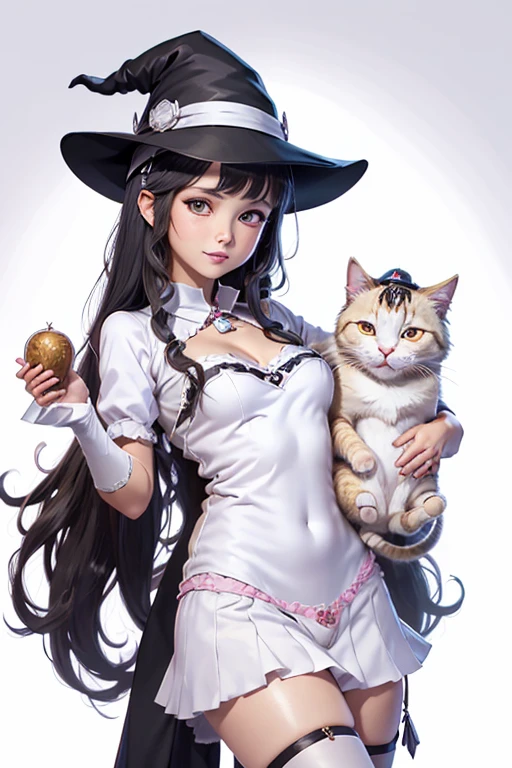 Anime  in witch hat holding a white cat, Black-haired wizard, Seductive anime witch casts a spell, Cat ears anime girl, Witch Girl, Classic witch, guweiz on pixiv artstation, portrait of a young Witch Girl, Very beautiful anime cat girl, Beautiful anime cat girl, Cute anime cat girl, In a seductive voice，White panties，