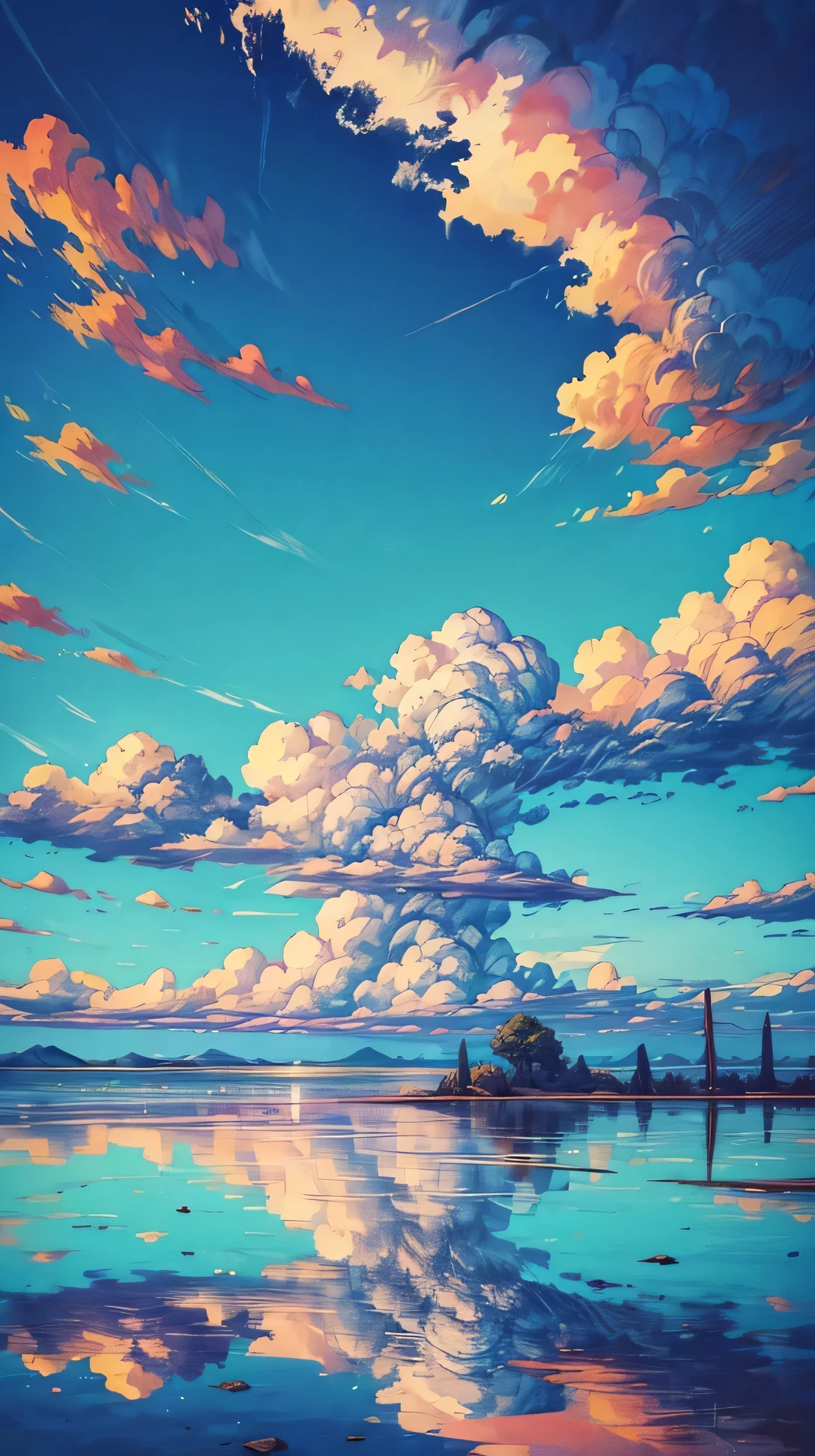 (landscape), A still lagoon reflecting the sky above, amazing sky, amazing clouds, beautiful sky, beautiful clouds, colored sky, high qualitity sky, a lot of clouds