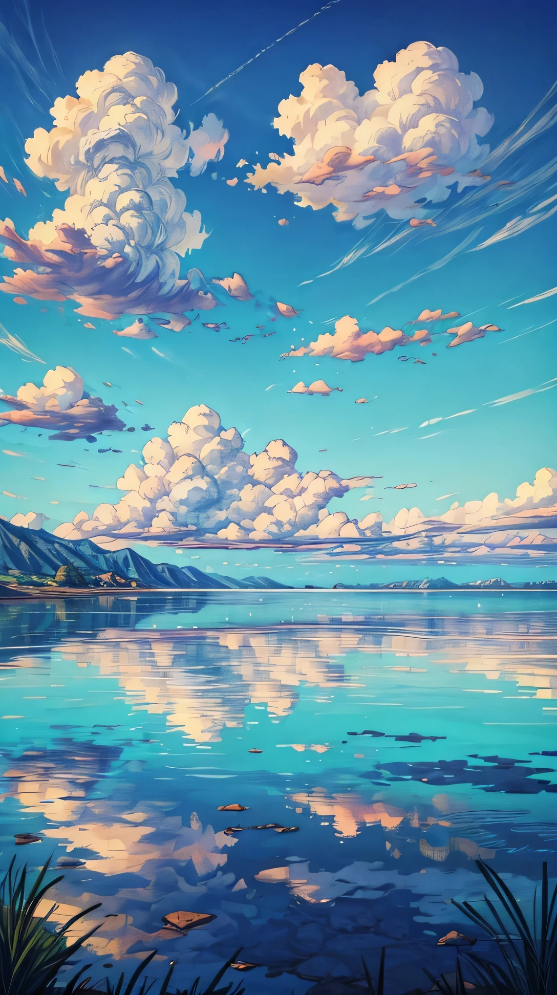 (landscape), A still lagoon reflecting the sky above, amazing sky, amazing clouds, beautiful sky, beautiful clouds, colored sky, high qualitity sky, a lot of clouds