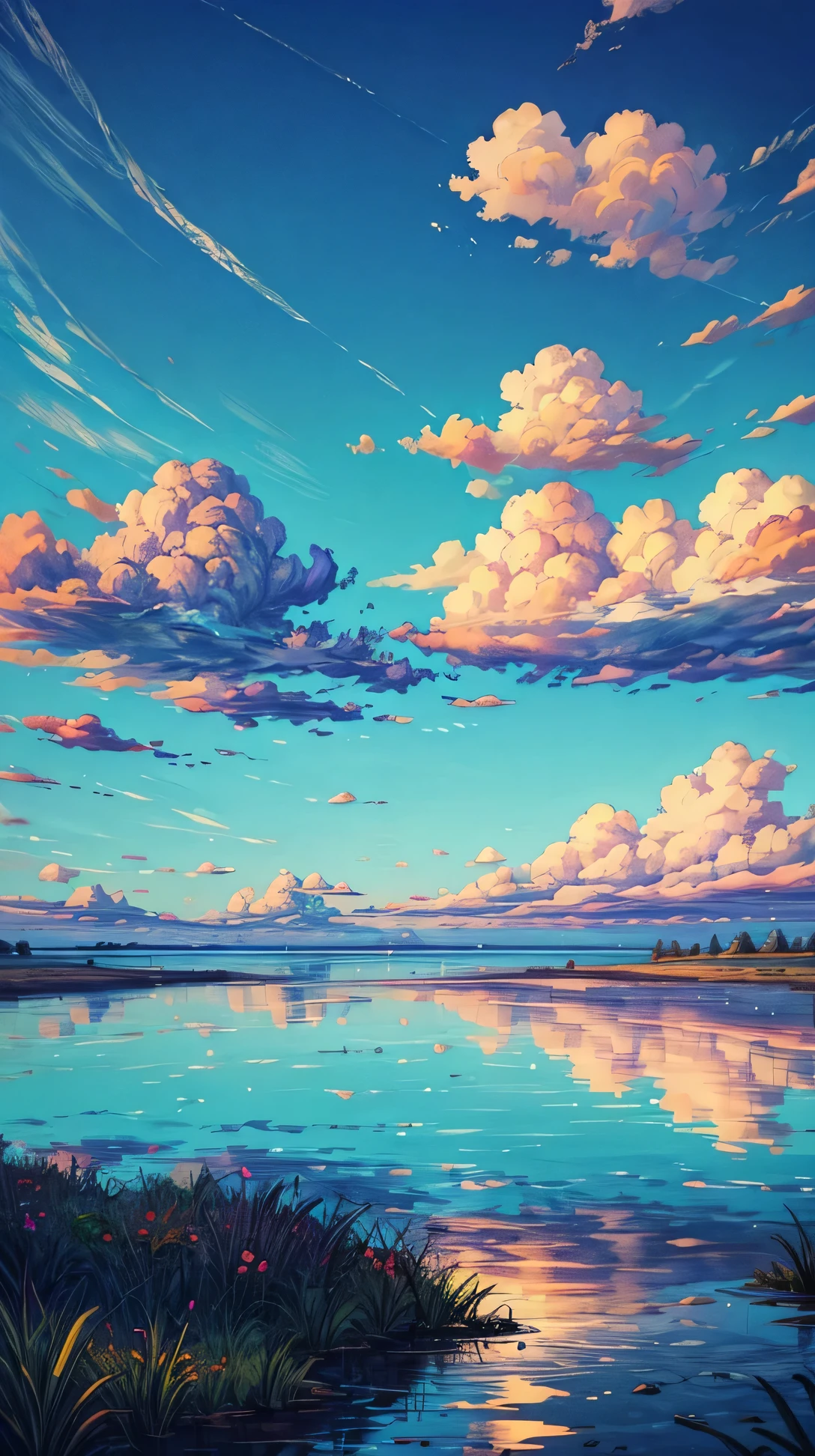 (landscape), A still lagoon reflecting the sky above, amazing sky, amazing clouds, beautiful sky, beautiful clouds, colored sky, high qualitity sky, a lot of clouds