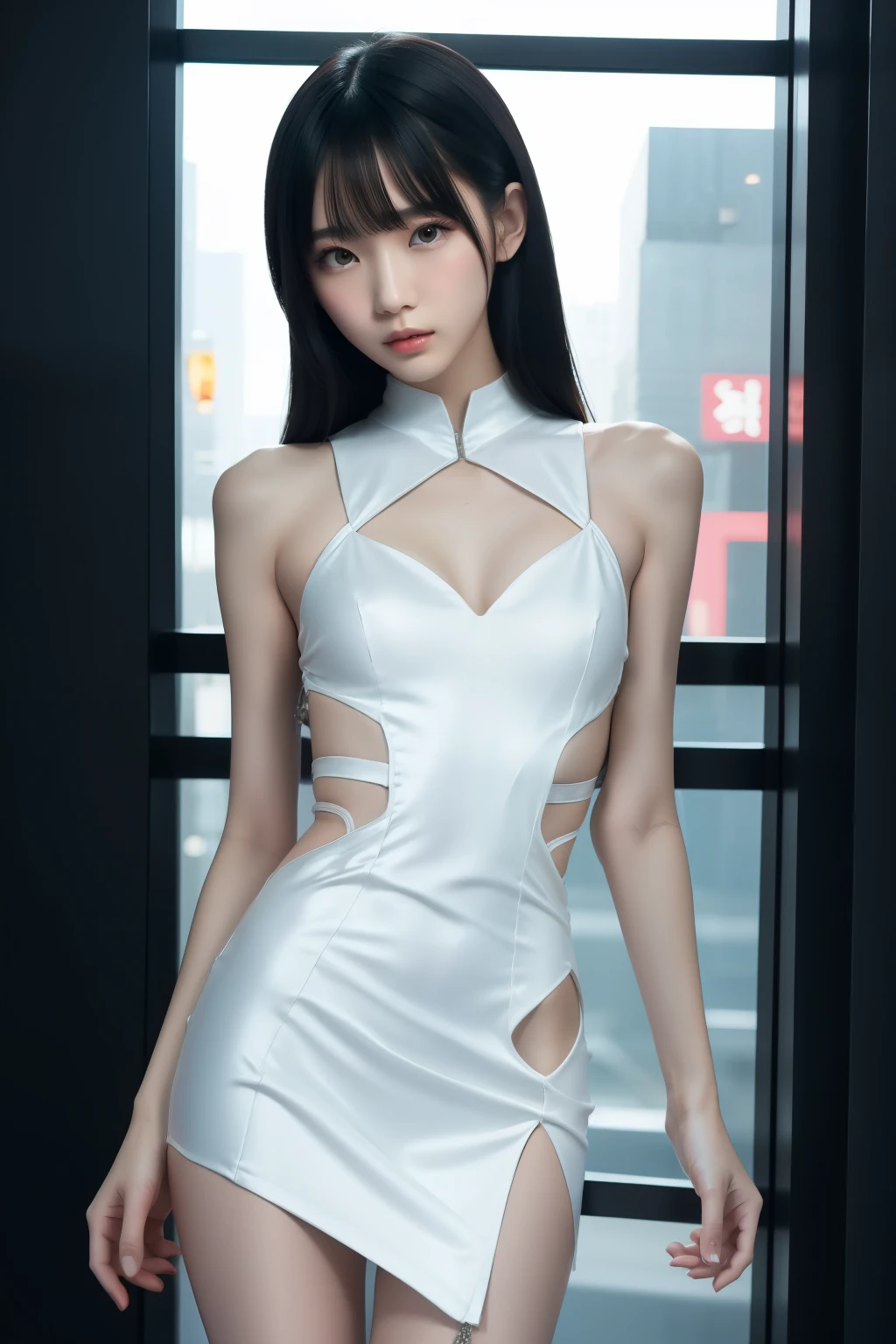 Tall thin Asian tween model, vogue pose, innocent, enticing, elegant detailed dress with slit and cutouts, beautiful slender body, cyberpunk 