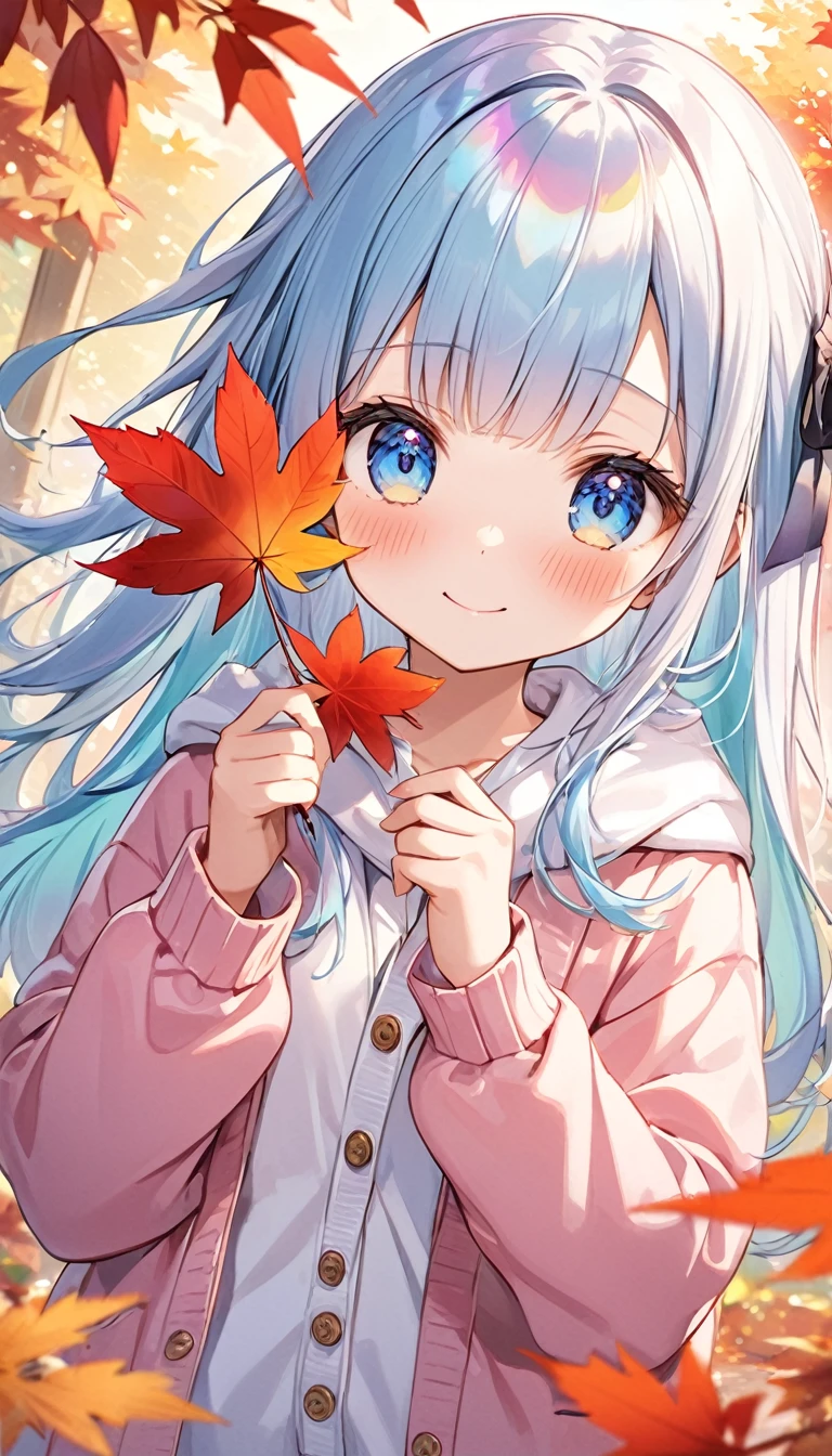 extremely detailed, (illustration, official art:1.1), 1 girl ,, ,(((( light blue long hair)))),light blue hair, ((iridescent hair,  half blue and half pink hair: 1.2)),, long hair ((blush)) , cute face, big eyes, masterpiece, best quality,(((((a very delicate and beautiful girl))))),Amazing,beautiful detailed eyes,blunt bangs((((little delicate girl)))),(((tareme))),droopy eyes.(true beautiful:1.2), sense of depth,dynamic angle,,blurry, cardigan,,, affectionate smile, (true beautiful:1.2),,(tiny 1girl model:1.2),)(flat chest),amazing, beautiful detailed eyes, blunt bangs (((little delicate girl)))), tareme,, best quality,, absurdres, 1girl, solo,,, maple leaf,autumn leaves,,smile,leaf,holding leaf,hair ribbon,:o ,shy , (half open eyes), head tilt, embarrassed, blush,enbarrased,、((petite,,))),