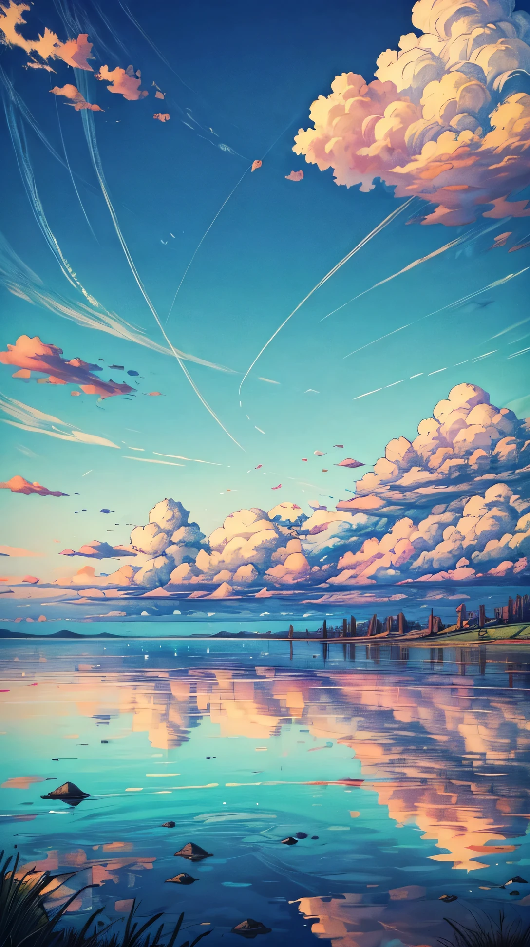 (landscape), A still lagoon reflecting the sky above, amazing sky, amazing clouds, beautiful sky, beautiful clouds, colored sky, high qualitity sky, a lot of clouds