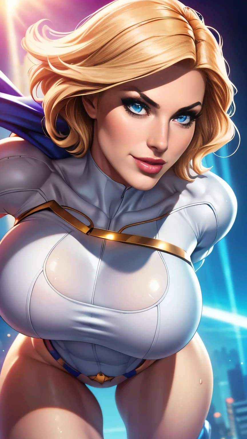 Power Girl da DC Comics, blondie short hair:1.2, (best qualityer,4K,8k,high resolution,work of art:1.2),ultra detali,realisitic,portraite,beautiful detailed eyes,beautiful detailed lips,extremely detailed eye and face,long eyelashes,sexly, shining skin,Flying hair,beaming smile,powerful girl in the air,Flight,confident pose,stunning curves,bright coloured,dramatic lighting,serene background,composition, PBR Texture, post-proces, Anisotropy Filtering, depth of field, maximum definition and sharpnes, many-Layer Textures, Albedo e mapas Speculares, Surface coloring, Accurate simulation octane rendering of light-material interactions, Two-colored light, largeaperture, Low ISO, White balance, the rule of thirds, 8K raw data, blackstockings, powerful pose, determined, seductive:1.2, , a sharp nose, white skin, and a soft face, (best quality, highres:1.2), 1girl, beautiful detailed eyes, beautiful detailed lips, extremely detailed eyes and face, long eyelashes, medium, HDR, studio lighting,  sharp focus, physically-based rendering, extreme detail description,  perfect shape,  facing viewer, sweaty, gorgeous, medium breasts, soft lighting body.