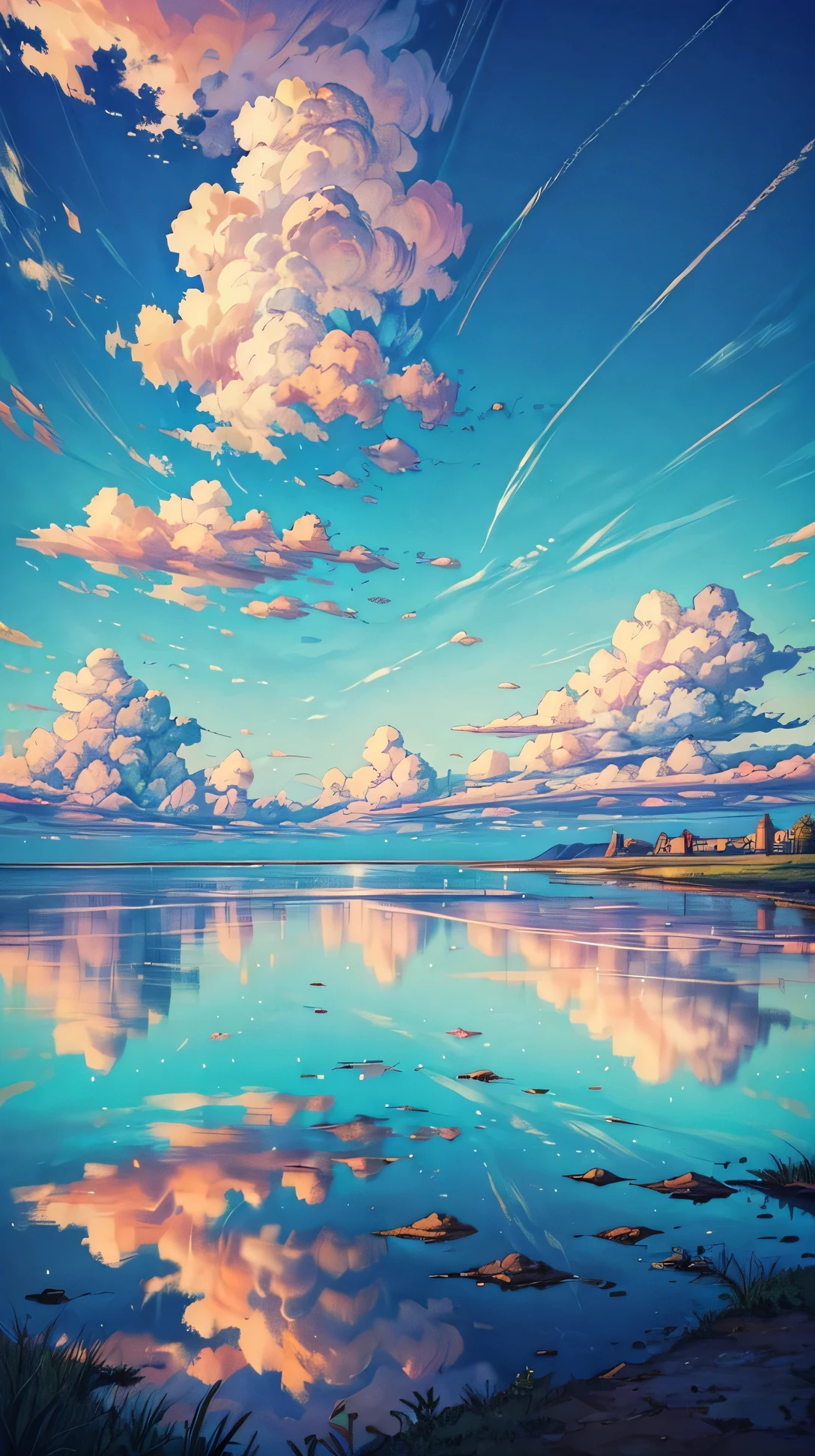 (landscape), A still lagoon reflecting the sky above, amazing sky, amazing clouds, beautiful sky, beautiful clouds, colored sky, high qualitity sky, a lot of clouds