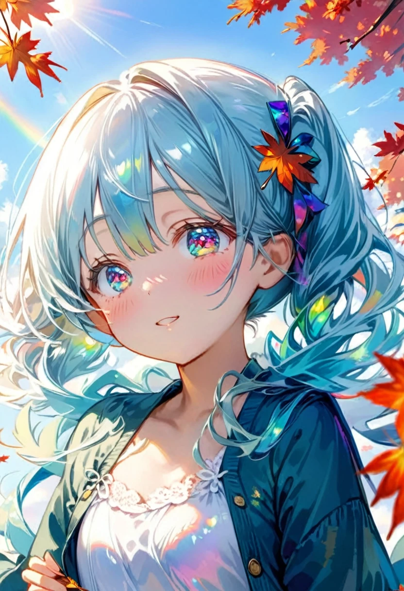 extremely detailed, (illustration, official art:1.1), 1 girl ,, ,(((( light blue long hair)))),light blue hair, ((iridescent hair,  half blue and half pink hair: 1.2)),, long hair ((blush)) , cute face, big eyes, masterpiece, best quality,(((((a very delicate and beautiful girl))))),Amazing,beautiful detailed eyes,blunt bangs((((little delicate girl)))),(((tareme))),droopy eyes.(true beautiful:1.2), sense of depth,dynamic angle,,blurry, cardigan,,, affectionate smile, (true beautiful:1.2),,(tiny 1girl model:1.2),)(flat chest),amazing, beautiful detailed eyes, blunt bangs (((little delicate girl)))), tareme,, best quality,, absurdres, 1girl, solo,,, maple leaf,autumn leaves,,smile,leaf,holding leaf,hair ribbon,:o ,shy , (half open eyes), head tilt, , blush,enbarrased,、((petite,,))),