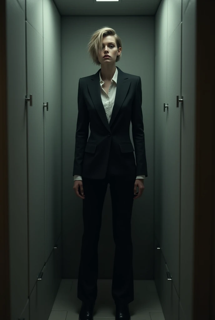Under the cold fluorescent light, the human experiment room of the frightening research facility, filled with piles of human bones, was unexpectedly bright. The director of the research facility was a beautiful, intelligent femme fatale with short blonde hair and glasses, who looked seductive in her suit as she walked, trampling over the bones with her black stiletto heels., Character focus, From above, Dutch angle, staring at the viewer, evil seductive smile,