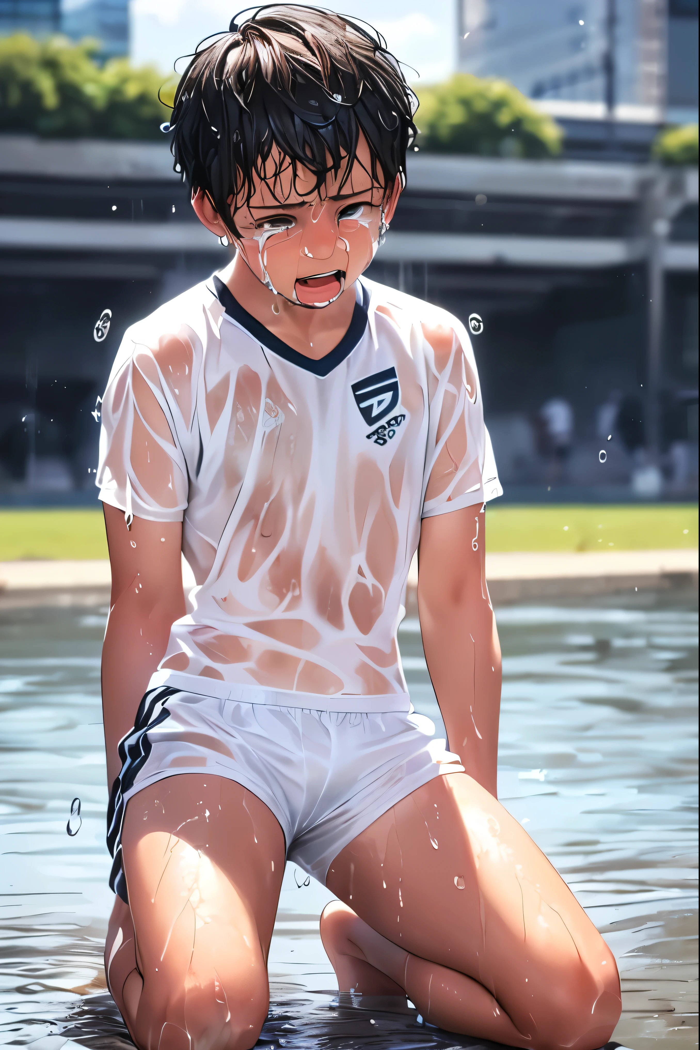 ((A handsome soccer boy crying after his uniform was soaked,)), (A wet white shorts with transparent), (A wet soccer shirt), Black hair, Badly soaked clothes, Exposing thighs, Embarrassed and crying, soaked uniform, (A beautiful soccer boy crying), Kneeling, (Perfect Anatomy, Realistic, Best Quality, Clear photos, Masterpiece)
