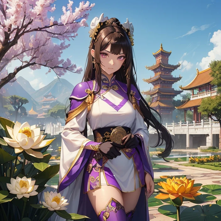 Anime girl in a purple dress and white stockings with a purple hat., Ayaka Genshin Impact, Keqing from Genshin Impact, Kuchart Krenz Key Art Feminine, ((Beautiful Fantasy Empress)), Beautiful Fantasy Empress, Zhongli from Genshin Impact, Non-Binary God of Spring, Onmyoji pictures, Whole Xianxia, big breasts, realistically, Young woman