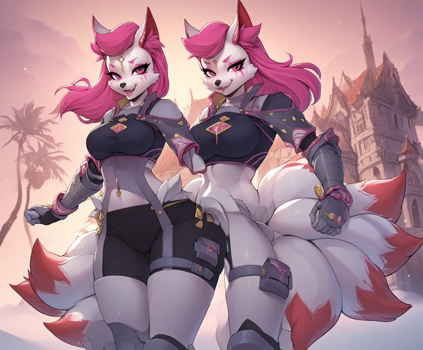 Score_9, score_8_up, score_7_up, Anthro, Anthro furry fox girl, Kimikoxl, white fur, pink hair, animal ears, animal nose, pink eyes, face markings, multiple tails, 5 tails, wearing black crop top, wearing ((steel thigh-guards, steel vambrace, intricate armor, thick armor)), black armor with golden accents, black short shorts, pink high-rise thong, seductive pose, digitigrade, toe claws, (((in front of a castle gate))), (((a tree trunk))), (((smug expression))), sticking tongue out, mound of venus, (((cleavage cutout))), standing, (((bent over))), presenting cleavage, (((((cleavage spilling out of top))))), (((cleavage spillage))), (((parted lips))), ((large breasts)), ((((absolute territory))))